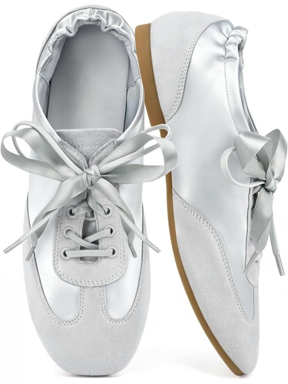 Women's Silver Satin Lace Up Lightweight Slim Comfort Ballerina Flat Sneakers